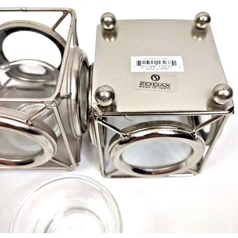 Metal and Glass Square Candle Holders 4 Sided Chrome Zodax Set Of 2 India